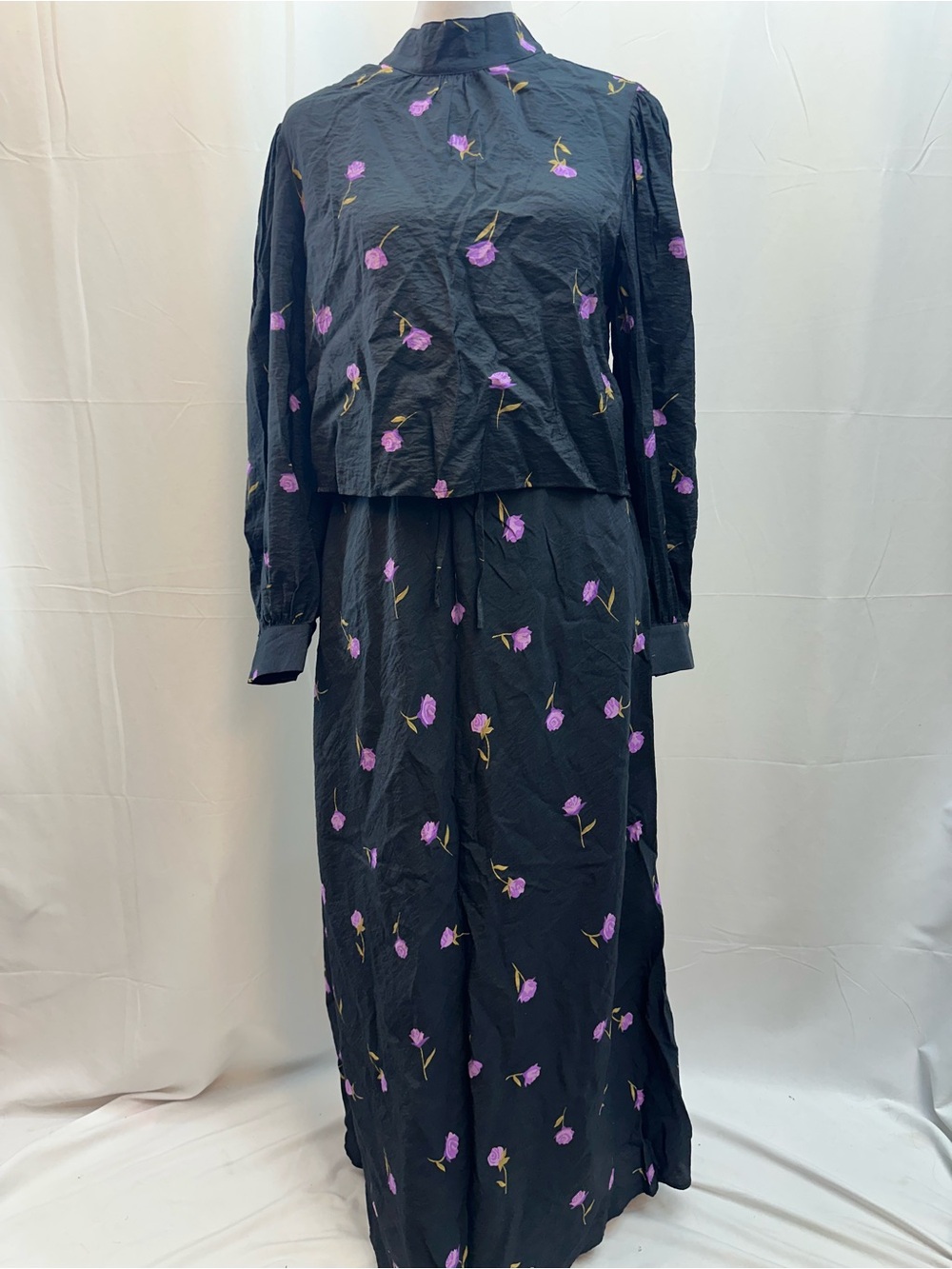 ROLLA'S Black Floral Two-Piece Skirt Set with Purple Roses S